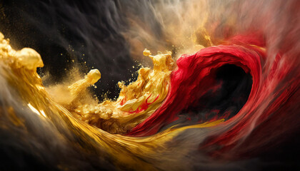 Vibrant swirls of gold and red paint explode in dynamic abstraction