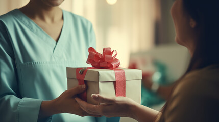 Celebrating International Nurses Day: A hand holding a gift , honoring healthcare heroes