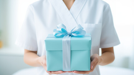 Celebrating International Nurses Day: A hand holding a gift , honoring healthcare heroes