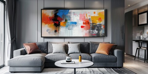 Modern minimalist living room with decorative paintings