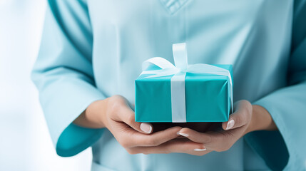 Celebrating International Nurses Day: A hand holding a gift , honoring healthcare heroes