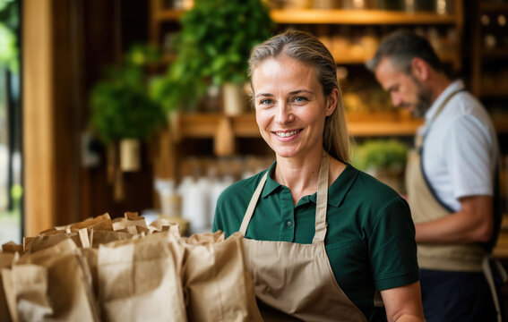 Smiling Female Worker in Green Apron at Food Market Generative AI image