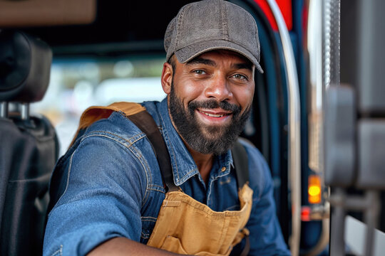 Cheerful truck driver smiling in his vehicle Generative AI image