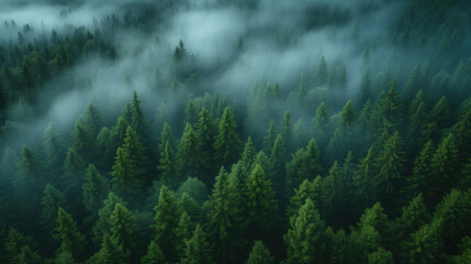 Misty pine forest at dawn with layers of fog Generative AI image