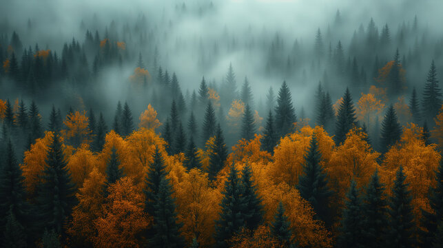 Fototapeta Misty Autumn Forest with Golden Foliage Generative AI image