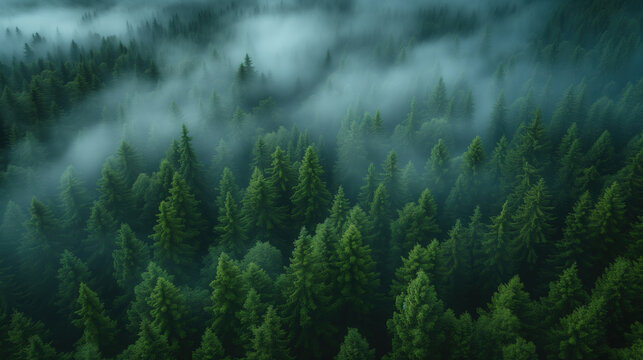 Fototapeta Misty pine forest at dawn with layers of fog Generative AI image