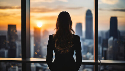 Silhouette of caucasian woman, long hair, skinny, in business attire, seen from behind, gazing through window