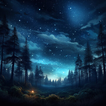 Illustration of a forest at night with a starry sky. Image made by artificial intelligence.