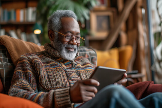 Senior man relaxing at home with a tablet Generative AI image