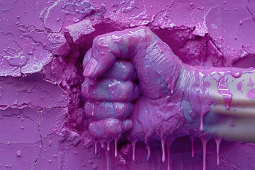 Empowerment concept with a fist breaking through purple paint. Generative AI image
