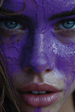 Empowering International Women's Day Purple Face Paint Portrait. Generative AI image