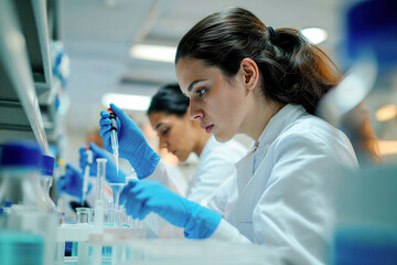 Female scientists conducting experiments in laboratory. Generative AI image