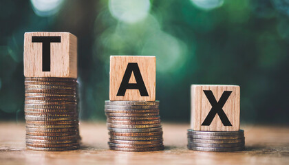 falling blocks with 'TAX' blocks stacked. Symbolizes financial burden, decline, taxation, economic pressure