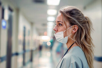 Female doctor with protective mask in hospital corridor. Generative AI image