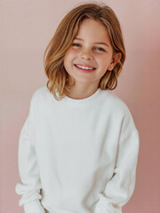 Little girl with brown hair wearing white long sleeve t-shirt for print presentation mockup.