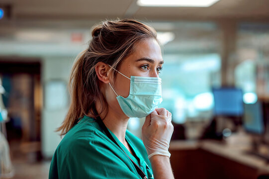 Woman Wearing Surgical Mask in Office Generative AI