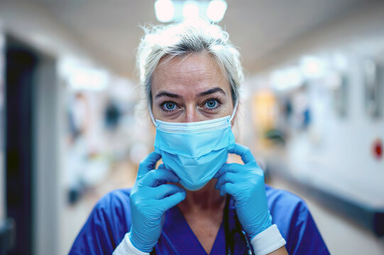 Healthcare professional adjusting protective mask in hospital. Generative AI image