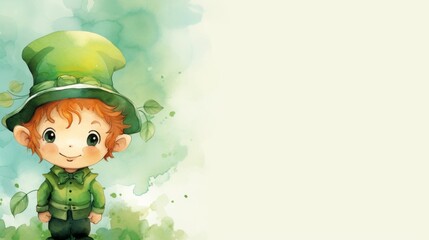 watercolor illustration, green background with a little funny leprechaun on the theme of St. Patrick's Day