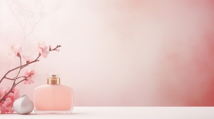 glass perfume bottle on a light pink background with sakura branches - obrazy, fototapety, plakaty