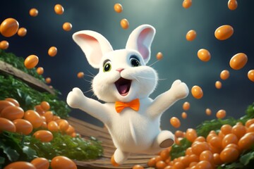 Happy white rabbit in mid-jump among flying tomatoes. Concept of joy, funny cartoon characters, playful animals, and healthy snacks