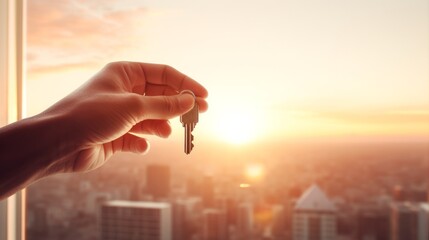 Hand holding a key with a sunset backdrop over the city. Concept of new apartment, real estate purchase, home buying, and metropolitan lifestyle. Banner. Copy space