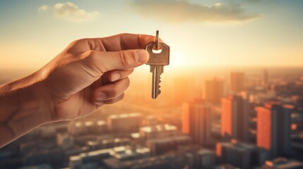 Hand holding a key against backdrop of the city. Concept of new apartment, real estate purchase, home buying, and metropolitan lifestyle. Banner. Copy space