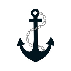 Silhouette of an anchor with a chain on a white background isolated vector illustration