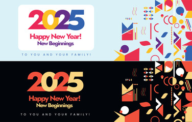 Happy New year 2025. New year 2025 celebration cover banners with abstract retro elements designs. 2025 celebration cover banners in two different colour theme design with cyan and black background. 