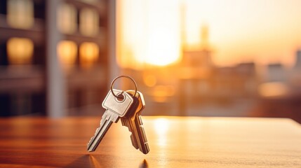 Set of keys hanging with a city skyline during sunset in the background. Concept of metropolitan home buying, real estate market, residential leasing, and downtown investment. Banner with copy space