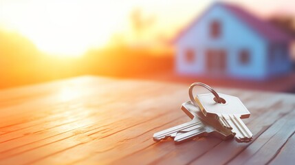 House keys on a wooden surface with a warm sunset and home in the background. Concept of new home ownership, real estate purchase, and property investment. Banner with copy space - obrazy, fototapety, plakaty