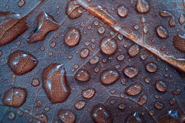 raindrops on the red leaf in rainy days in autumn season, red background