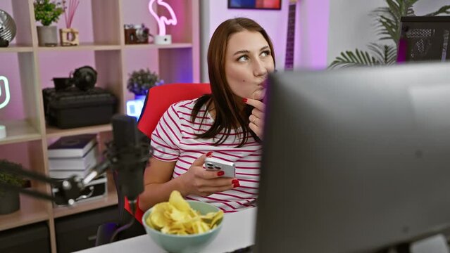 Thoughtful young brunette girl, hand on chin, seriously pondering the question in gaming room while using smartphone. no doubt she's considering a tricky idea!