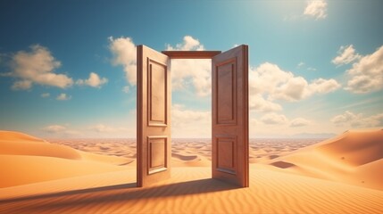 Open door in a desert. Concept of freedom, travel, adventure, discovery, opportunity, new beginnings, the unknown, mystery, and exploration.