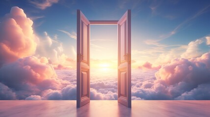 Doors open to a vibrant sky above the clouds. Concept of heaven, hope, dreams, positivity, new horizons, freedom, the unknown, mystery, wonder, limitless possibilities.