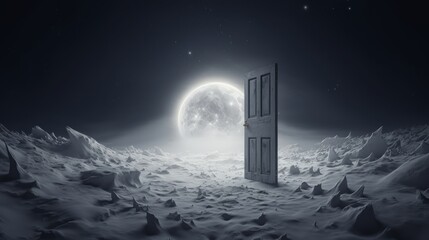 Solitary door on a moonlit lunar surface. Concept of solitude, space exploration, the gateway to the universe, cosmic mystery, otherworldly adventure, science fiction, and lunar travel.