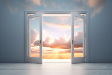 Doors open to serene sky with fluffy clouds. Concept of heaven, hope, dreams, positivity, new horizons, freedom, the unknown, mystery, wonder, and limitless possibilities.