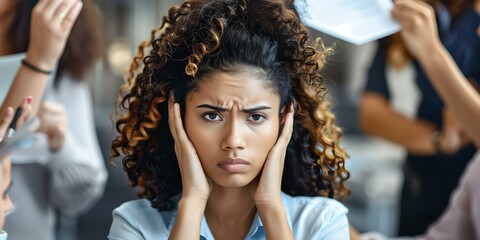 Emotionally overwhelmed office worker displays visible distress in workplace setting. Concept Office Stress, Emotional Breakdown, Workplace Pressure, Overwhelming Emotions, Office Distress - obrazy, fototapety, plakaty