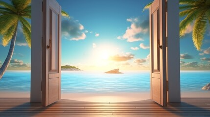 Open doors leading to tropical beach paradise. Concept of escape, vacation, peaceful retreats, heavenly shorelines, calmness, relaxation, freedom, adventure, limitless possibilities.