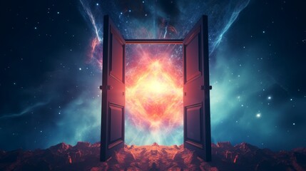 Fototapeta premium Door opening to a vibrant cosmic scene, merging a serene landscape with space. Concept of dreams, imagination, discovery, the unknown, freedom, adventure, mystery, and limitless possibilities.