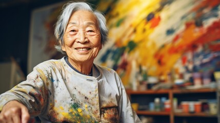 Elderly Asian woman artist next to her artwork in an art studio. Concept of artistic talent, senior creativity, art therapy, creative process, interesting hobby, exciting leisure time, oil painting - obrazy, fototapety, plakaty