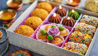 Diwali sweets gift box, symbolizing joy and tradition in Indian culture. Perfect for festive occasions. Colorful, delicious assortment