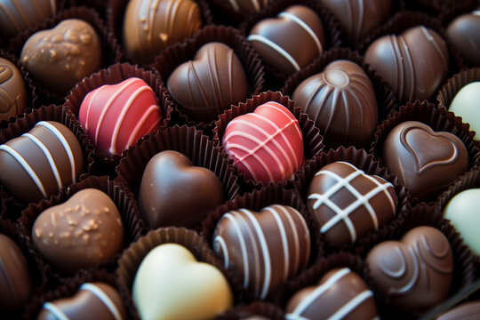 Valentine Day chocolate candy set heart shaped gift. Romantic love greeting present milk choco dessert macro photo