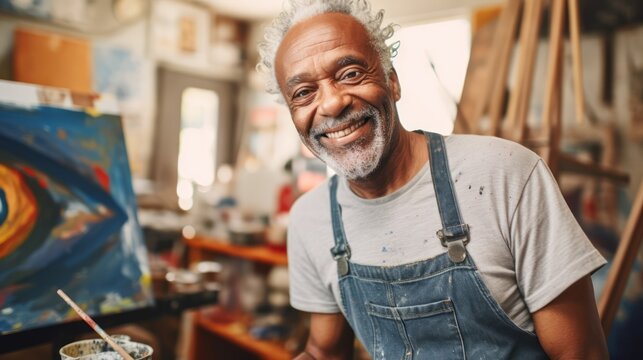 Senior African American man artist next to his artwork in art studio. Concept of artistic talent, senior creativity, art therapy, interesting hobby, exciting leisure time, oil painting
