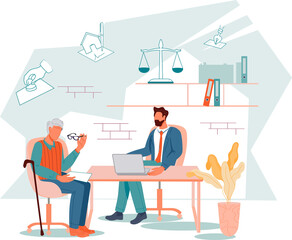 Notary service banner. Elderly senior person in lawyer office signs testament and draws up documents certified by a notary.