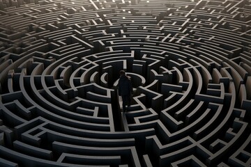 Persistent Man stuck in the middle of maze. Confused male blocked in round labyrinth. Generate ai