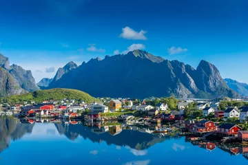 Fotobehang Reinefjorden Perfect reflection of the Reine village on the water of the fjord in the Lofoten Islands,  Norway