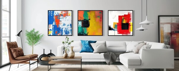 Modern minimalist living room with decorative paintings