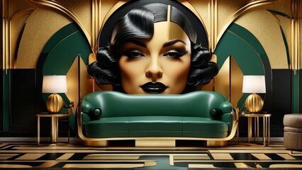 art deco room, couch, sofa, green, 