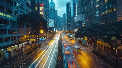 Naklejka premium The electrifying pulse of a city at night, with streaks of traffic lights creating a dynamic pattern of movement against a backdrop of urban architecture.