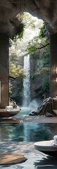 Mountain Waterfall Cave Style Interior - Mountain Waterfall Bath Room Backdrop - Beautiful Bright Bath Room Indoor Background - Mountain Cave Bath Design created with Generative AI Technology